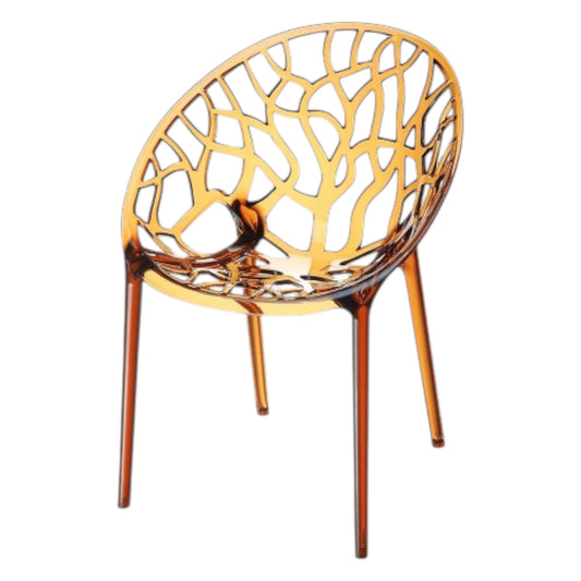 Mødestol, orange plastik, udskåret mønster.