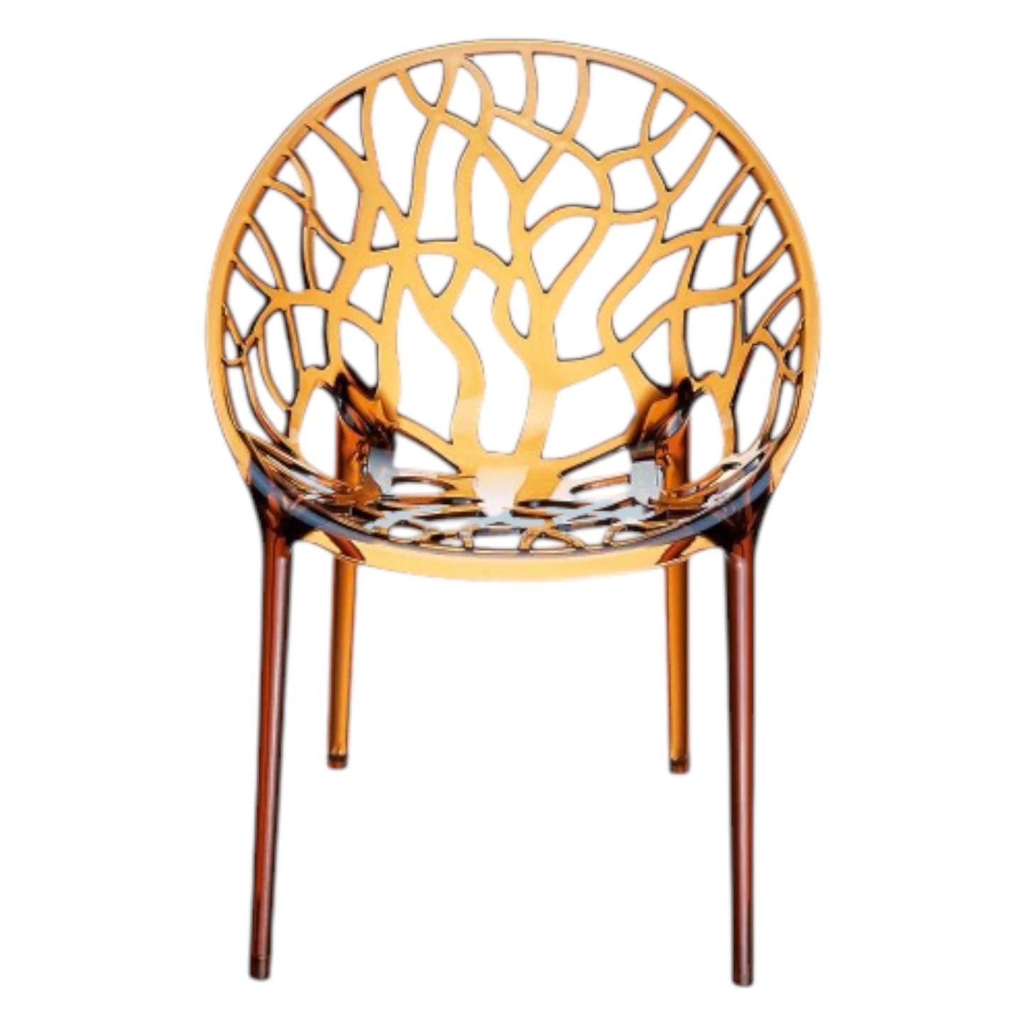 Mødestol, orange plastik, udskåret mønster.