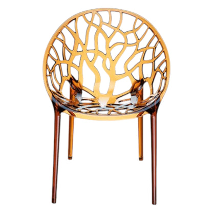 Mødestol, orange plastik, udskåret mønster.