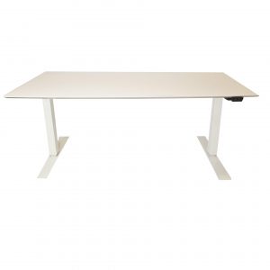 Hæve/sænke bord i 160 x 80 cm. Hvid laminat, hvidt el-stel.